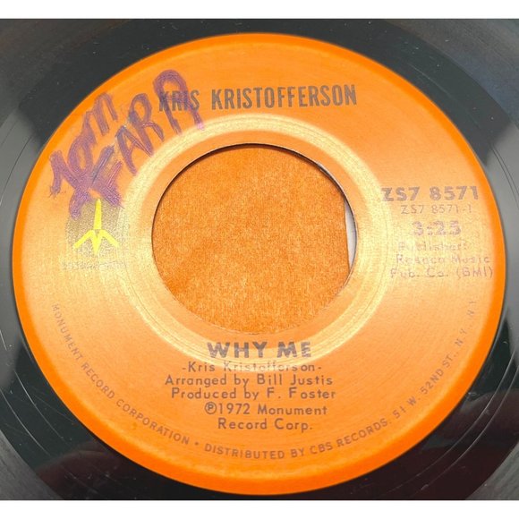Kris Kristofferson Why Me / Help Me 45 Pop Vinyl Record Monument 1972 - Picture 3 of 4